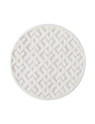 Okrągły dywan Focera 7370 w kolorze kremowym z geometrycznym wzorem i efektem high-low – widok z góry