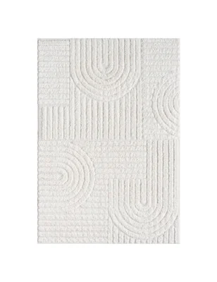 Dywan Focera 7650 Krem z geometrycznym wzorem i efektem high-low, idealny do nowoczesnego salonu.