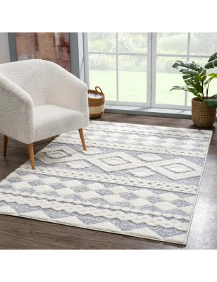 Dywan Focera 30050 Szary Krem z efektem high-low i wzorem boho w salonie.