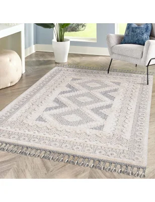 Dywan z frędzlami Cut&Loop Boho-Chic Ramka Valora 7300 Krem Szary