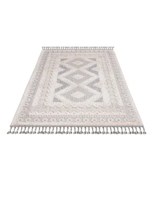 Dywan z frędzlami Cut&Loop Boho-Chic Ramka Valora 7300 Krem Szary