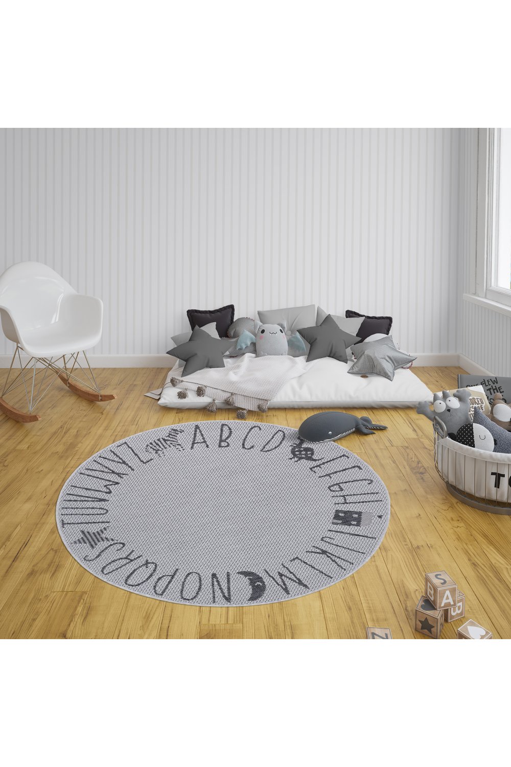 Dywan Dziecięcy Alfabet Kinder Okrągły 104887 Silver Grey