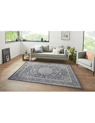 Dywan Klasyczny Wiskoza / Bawełna Samt 104221 Antracyt Srebrny – aranżacja w salonie