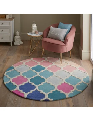 Dywan Wełniany illusion Rosella Różowy/Niebieski Okrągły – zbliżenie na teksturę – idealny do: na korytarz