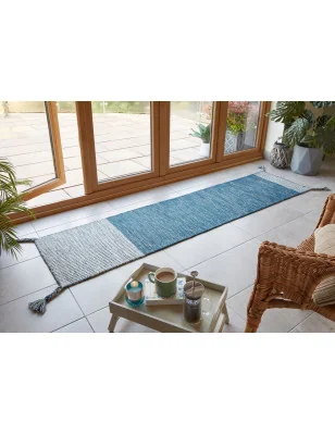 Chodnik Wełniany Gotowy indira Runner Niebieski – aranżacja w salonie