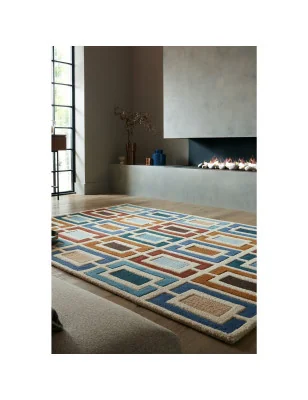 Dywan Wełniany illusion Retro Blocks Niebieski/Wielokolorowy – aranżacja w salonie